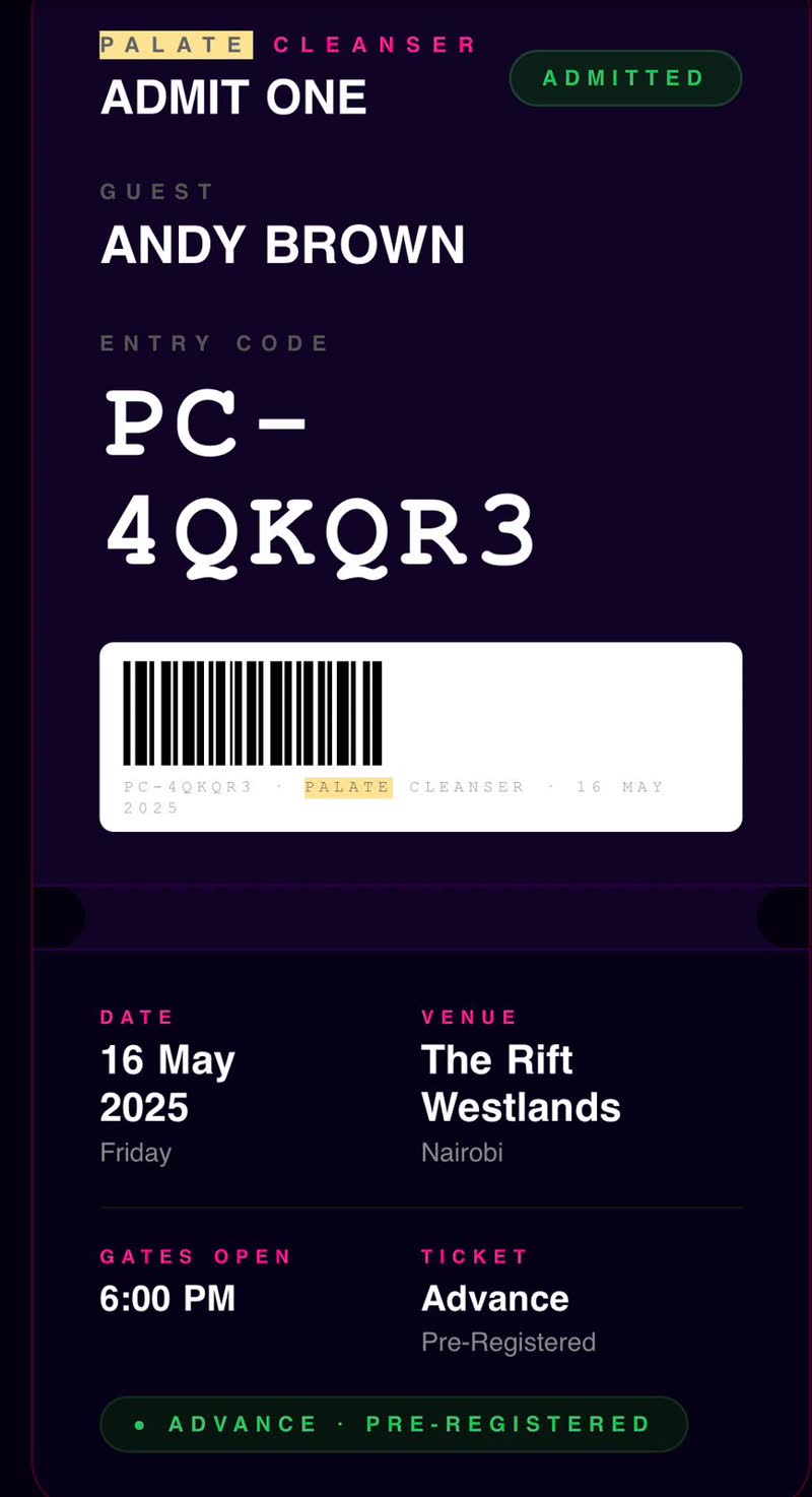 Palate Cleanser ticket — Admit One